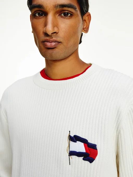 Flag embroidery Ribbed Jumper ivory