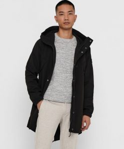 Only & Sons Hall Softshell Long Parka Coat Black