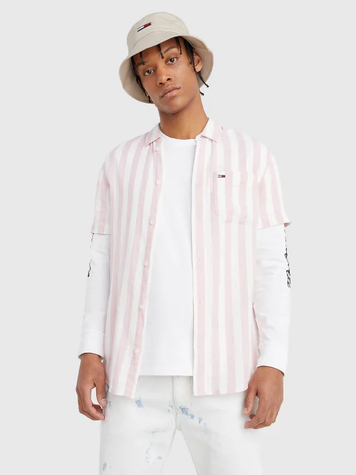Tommy Jeans Linen Blend Stripe Shirt Broadway Pink Stripe