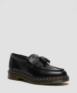 Dr. Martens Adrian Yellow Stitch Leather Tassle Loafers Smooth Black