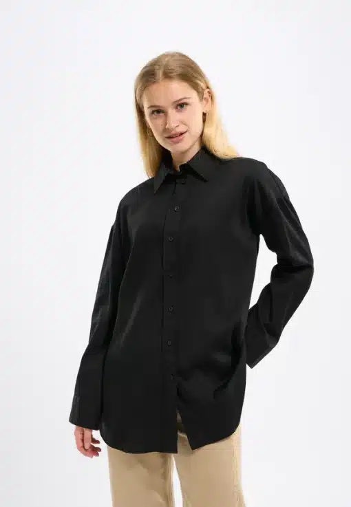 Knowledge Cotton Apparel Oversized Satin Shirt Black Jet