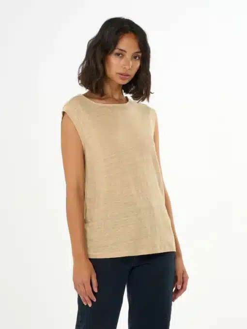 Knowledge Cotton Apparel Loose Fold Up Linen T-shirt Safari