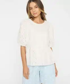 Knowledge Cotton Apparel Puff Sleeve Embroidery Top Egret
