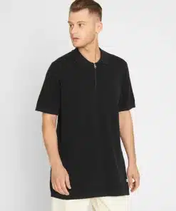 Knowledge Cotton Apparel Polo With Zipper In Reverse Knit Black Jet
