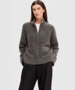 Selected Femme Sia Ras Knit Zipper Cardigan Medium Grey Melange