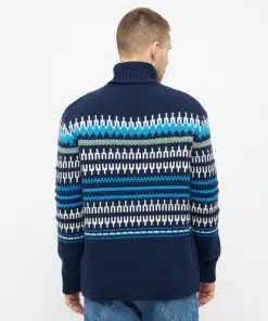 Knowledge Cotton Apparel Knitted Pattern Roll Neck Blue Stripe