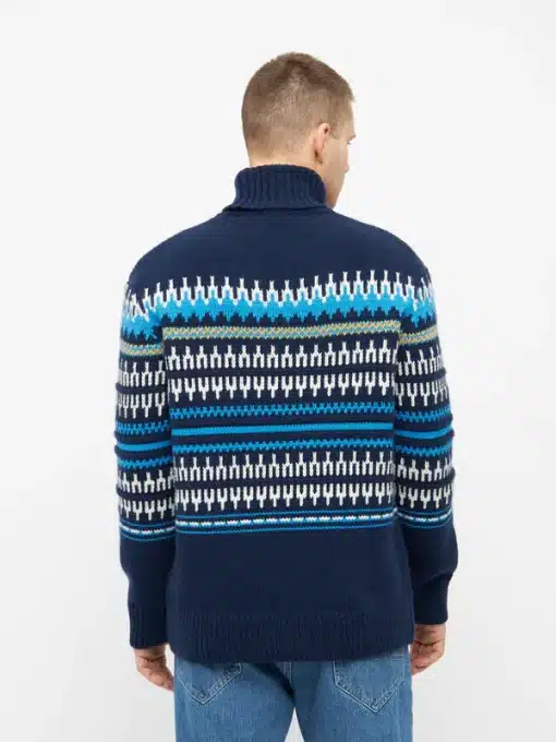 Knowledge Cotton Apparel Knitted Pattern Roll Neck Blue Stripe