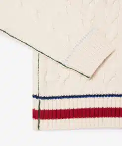 Lacoste Unisex V-Neck Cable Knit Cardigan White/Light Blue/Bordeaux