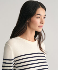 Gant Woman Fine Knit Striped C-Neck Sweater Cream