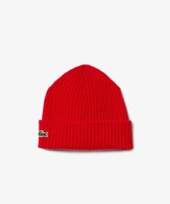 Lacoste Rib Knit Brushed Wool Beanie Red