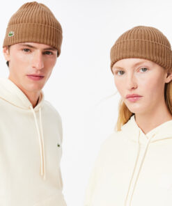 Lacoste Rib Knit Brushed Wool Beanie Brown